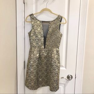 Gold embroidered dress w/ see-through vneck